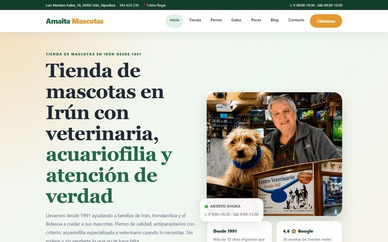 Portada de amaitamascotas.com, tienda de mascotas de Irun