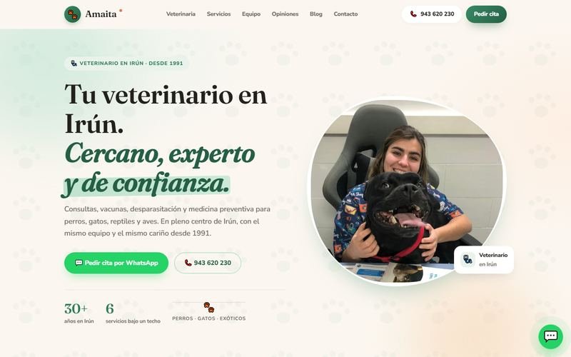 Portada de amaita.online, centro veterinario de Irun