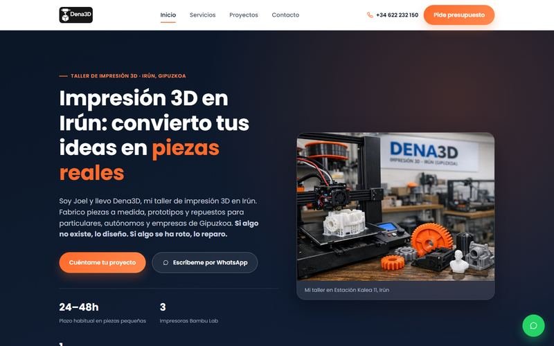 Portada de dena3d.com, taller de impresión 3D en Irun